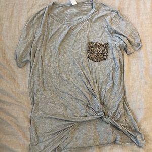 Grey Knotted Sequin Pocket Tee